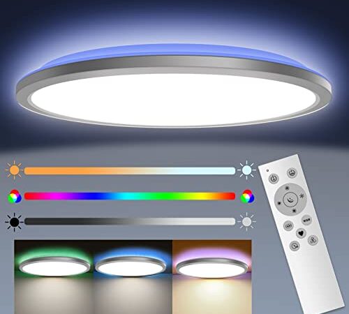 Nigecue 24W LED Deckenleuchte Flach mit Fernbedienung, Dimmbare LED Deckenlampe mit einstellbare 3000K-6000K Farbtemperatur RGB-Hintergrundbeleuchtung, IP54 Wasserdicht, 3200LM, Ultra Dünn Ø30CM