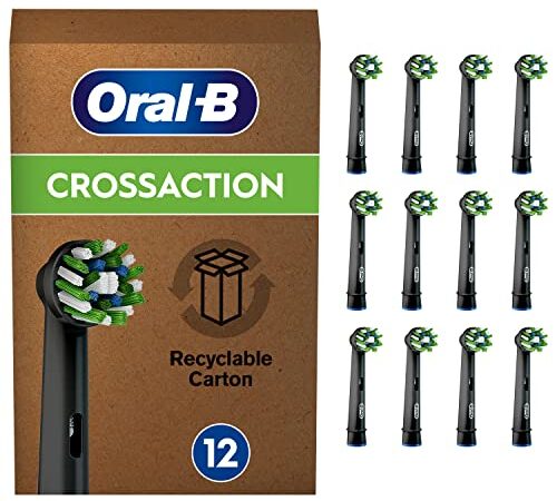 Oral-B CrossAction Aufsteckbürsten für elektrische Zahnbürste, 12 Stück, Mundreinigung mit CleanMaximiser-Borsten, Zahnbürstenaufsatz für Oral-B Zahnbürsten, briefkastenfähige Verpackung, schwarz