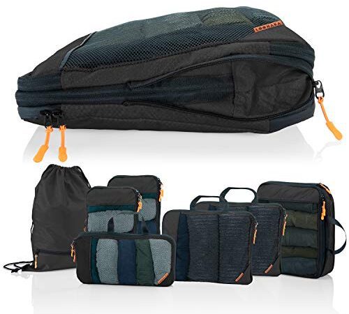 Packing Cubes Set für Koffer und Rucksack [7-teilig] mit Wäschebeutel - mehr Platz im Koffer oder Backpack durch Kompression - Packtaschen für Koffer als Dein Travel Organizer (schwarz)