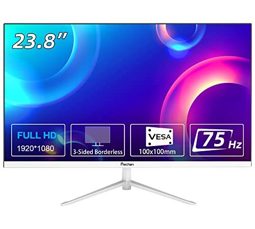 Prechen 24 Zoll Computer Monitor FHD 1920x1080 LED Bildschirm Business Frameless Gaming Display 75Hz PC Monitor, VA, 3000:1, HDMI, VGA, 4ms, VESA montierbar, Desktop Monitor für Büroarbeit, Weiß