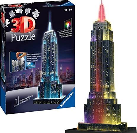 Ravensburger 3D Puzzle Empire State Building bei Nacht, für Kinder und Erwachsene, Wahrzeichen von New York im Miniatur-Format, Leuchtet im Dunkeln