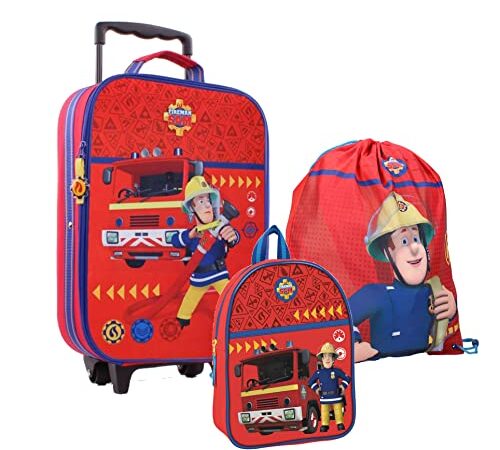 SCOOLSTAR Feuerwehrmann Sam 3 in1 Kofferset für Jungen Reisetasche Urlaub Reisekoffer Rucksacktrolley | Rolly | inkl. Rucksack und Sportbeutel