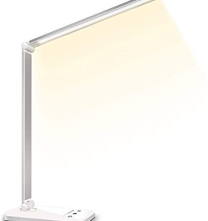 SLATOR Schreibtischlampe LED Dimmbare Tischleuchte 5 Farb und 10 Helligkeitsstufen Nachttischlampe USB-Anschluss für Aufladung des Smartphones Leselicht für Leser, Kinder, QM019, Silver