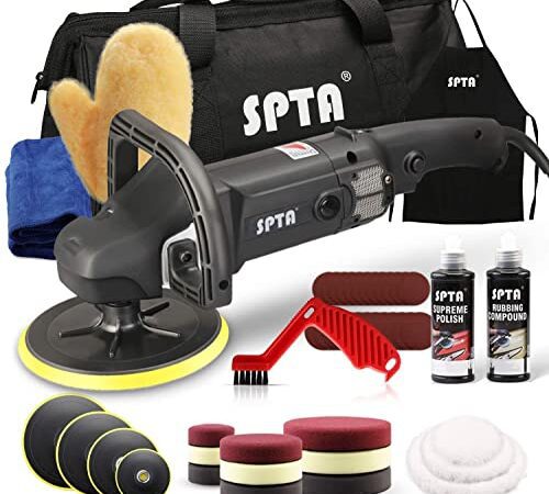 SPTA Poliermaschine, 125mm/150mm/180mm Polierer mit Variable Geschwindigkeit Profiset - Schleifmaschine 1200 Watt Set + Polierschwamm Zubehörset, Polierteller, Wollscheibe für Auto KFZ Boot -SPTA0020