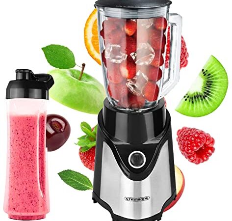 Standmixer | 6-Fach Metallmesser | 570 ml | 500 Watt | 600ml To-Go Becher | Glas Edelstahl | Pulsfunktion | Universal Power Mixer | Smoothie Maker | Ice Crusher | Eiweiß Shaker | Zerkleinerer