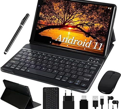Tablet 10 Zoll FACETEL Tablet Android 11 Octa-Core, 2.4G+5G WLAN | 4GB + 64GB TF 128GB | GMS-Zertifizierung | Batterie 8000 mAh | 5MP+8MP | Bluetooth | Tablet mit Touchstift Tastatur Maus - Schwarz