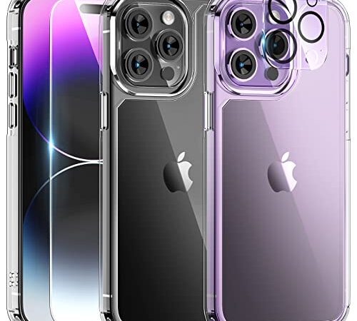 TAURI 5 in 1 iPhone 14 Pro Max Hülle mit Schutzfolie, mit 1 Handyhülle + 2 Stück Schutzfolie + 2 Stück Kameraschutz [Militärischer Schutz] Anti-Gelb Stoßfest Case 360 Grad Schutzhülle - Transparent