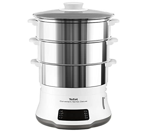 Tefal VC502D Convenient Series Deluxe Dampfgarer | einfacher Touchscreen | 8 Programme | Garen auf 3 Ebenen | Behälter aus Edelstahl | langlebige Qualität | gesunde Zubereitung | Edelstahl/Weiß
