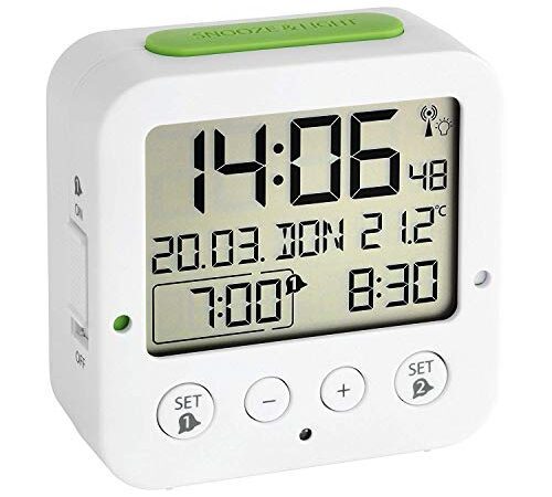 TFA Dostmann 60.2528.02 Bingo Funk-Wecker, mit autom. Hintergrundbeleuchtung, Datum, Temperaturanzeige und zwei Weckzeiten, Weiß-grün,L 81 x B 33 x H 81 mm
