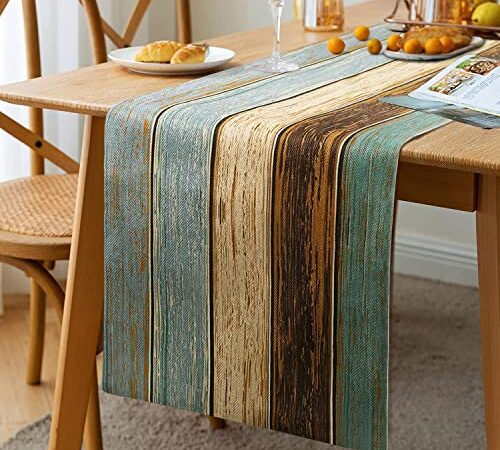 Tischläufer Modern Wohnzimmer Tischläufer Grün Tischläufer Winter Platzsets Grün Blau Grau Planken Scheune Tischmatten Läufer Set für Esstisch Party Hochzeit Weihnachten Tischläufer Leinen 33 x 183 cm