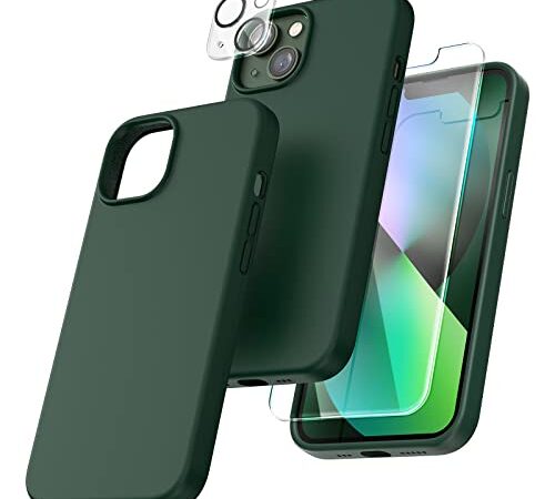 TOCOL 5-in-1 iPhone 13 Hülle 6.1" Flüssig Silikon, Kratzfestes Stoßfest Handyhülle iPhone 13 mit 2 Stück Schutzfolie + 2 Stück Kameraschutz 360 Grad Schutzhülle - Alpingrün
