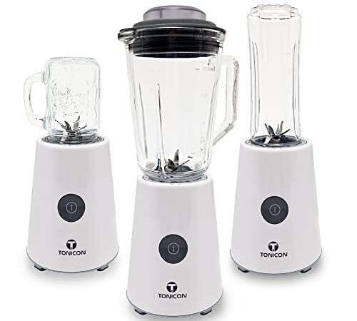TONICON Smoothie-Maker | 3in1 Mini Mixer | 6-Edelstahl-Messer Blender | 500 Watt Standmixer | Glas-Behälter Inkl. Trinkfalsche to go BPA-Frei | 4 Mason Jar Cups aus Glas – Weiß