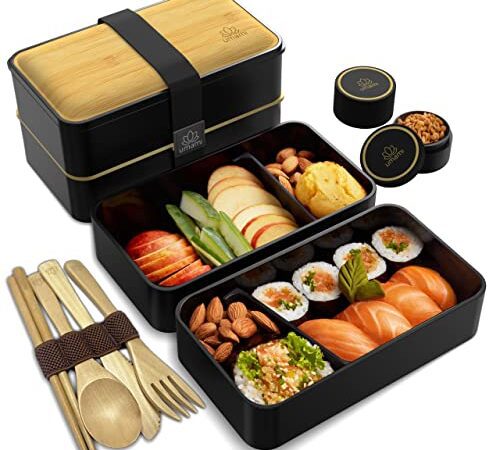 Umami Bento Box für Erwachsene/Kinder, 1 Soßentöpfe & 4 Bestecke, Lunch Box für Männer/Frauen, 2 Meal Prep Containers, Mikrowelle, Spülmaschine, Gefrierschrank sicher, BPA frei