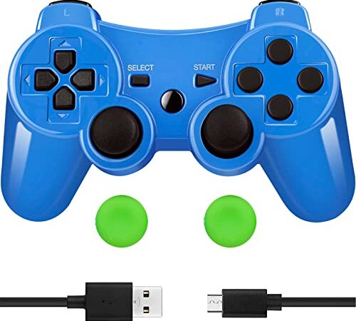 Vivideox Wireless Controller für PS3, Wireless Controller Double Shock Gaming Controller 6-Achsen Bluetooth Gamepad Joystick mit Ladekabel für PS3 Controller, Blau