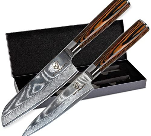 Wolfblood Damastmesser-Set 2er (24cm) Profi-Damast-Küchenmesser Set aus 67 Lagen Damaststahl I Küchenmesser-Damastmesser Set mit Chefmesser Santoku Messer Holzgriff Geschenkbox und Klingenschutz