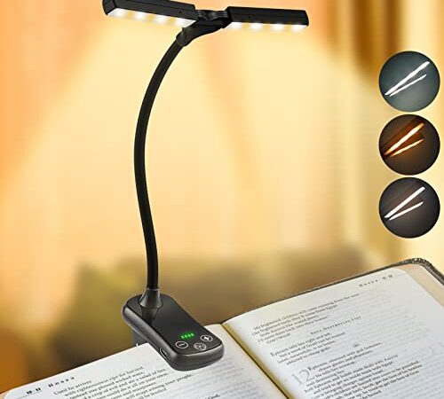 14 LEDs Leselampe Buch Klemme mit 2 Köpfen, Electight USB Wiederaufladbar Klemmleuchte Buchlampe mit 3 Beleuchtungsmodi, Stufenlos Dimmbar, Batterieanzeige, bis zu 80 Stunden, für Leser & Kinder