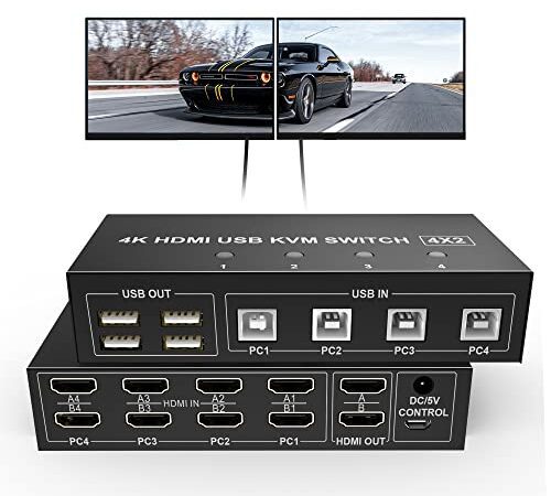 4 Port KVM Switch Dual Monitor HDMI 4K 60Hz, KVM Switch 2 Monitore 4 Computer mit 4 USB 2.0 Hub, Dual Monitor HDMI KVM Switch Keyboard Mouse Switcher