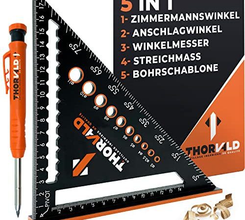 5-in-1 Zimmermannswinkel Winkelmesser Anschlagwinkel - Inkl. Tieflochmarker - Aluminiumwinkel mit 180 mm Schenkellänge zum präzisen Anreißen & Zeichnen / Multifunktional Perfekt um Zeit zu sparen