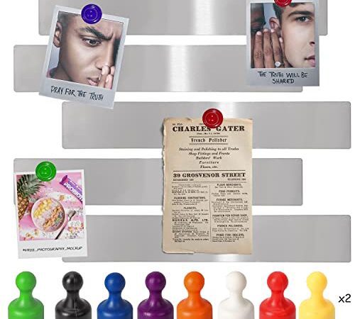 5 Stück Magnettafeln Memotafel Selbstklebend, 16 Stück Starke Magnetstifte, Magnetleisten Fotowand Büro Pinnwand, Magnettafel Metallband Magnetboard für Kühlschrank, Dokumente, Fotos, Küchen
