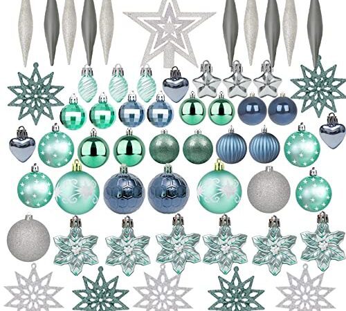 58Stücke Weihnachtskugeln Silber Blau Set, Kunststoff Weihnachtsbaumkugeln Box mit Aufhänger, Plastik Bruchsicher Kleine Bälle für Weihnachtsbaum Deko