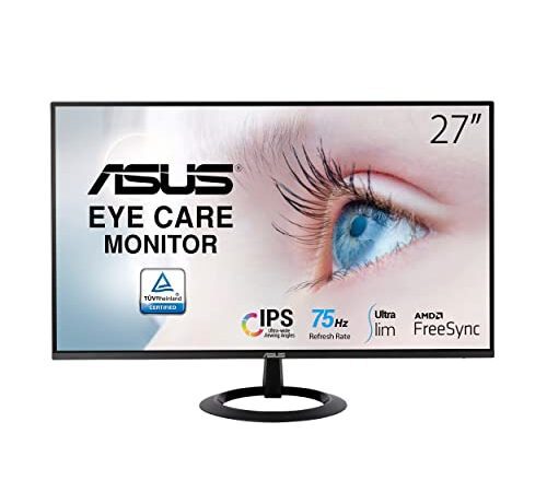 ASUS Eye Care VZ27EHE | 27 Zoll Full HD Monitor | Schlankes Design, Rahmenlos, Flicker-Free, Blaulichtfilter, FreeSync | 75 Hz, 16:9 IPS Panel, 1920x1080 | HDMI, D-Sub, schwarz