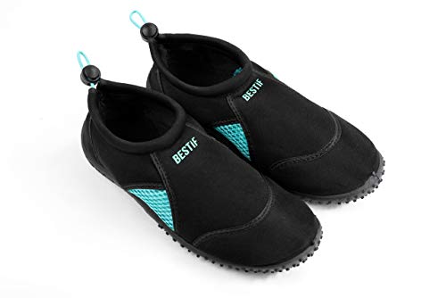 BESTIF Badeschuhe Herren Damen | Schwimmschuhe Neopren Wasserschuhe Kordelzug | Leicht und Bequem | Schwarz, Blau Gr. 36-45 (Schwarz-Türkis, 39)