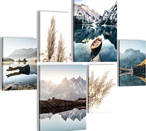 Bilder Set - AUFHÄNGFERTIG - KEIN EXTRA RAHMEN BENÖTIGT - See Berge Modern Natur - Wohnzimmer Schlafzimmer N003663a
