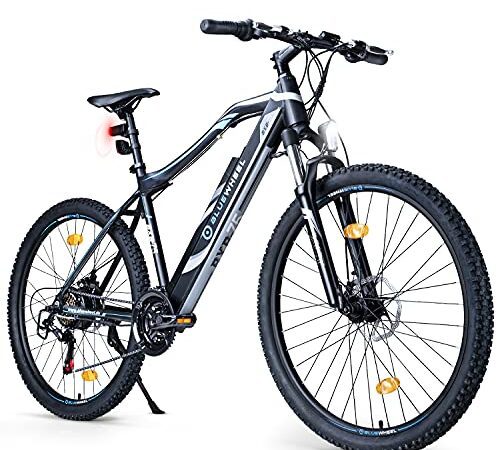 BLUEWHEEL E-Bike 27,5“ & 29“ I Deutsche Qualitätsmarke | EU-konform Offroad E-Mountainbike 21 Gänge & Hinterradmotor für 25 km/h bis zu 150 km |Fahrrad mit MTB Federgabel, App, LED Licht | BXB75 Ebike