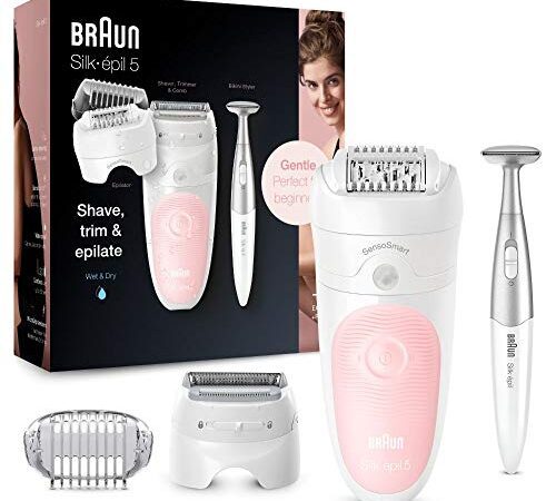 Braun Silk-épil 5 Beauty-Set, Epilierer Damen für Haarentfernung, Aufsätze für Rasierer, Trimmer und Massage für Körper, inkl. Bikinitrimmer, Tasche, Muttertagsgeschenk, 5-820, flamingo