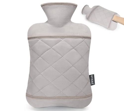 BYXAS Wärmflasche mit Bezug Kängurutasche - 2.0L Wärmflaschen Auslaufsicher, Bettflasche mit Superweichem Abnehmbarem Bezug, Hand-Fußwärmer, ideal zur Schmerzlinderung, Farbe Grau