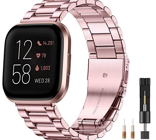 CeMiKa Metall Armband Kompatibel mit Fitbit Versa 2 Armband/Fitbit Versa Armband, Edelstahl Ersatzband mit Doppelfaltschließe für Versa 2 Armbänder/Versa Lite Smartwatch, Frauen Männer, Roségold