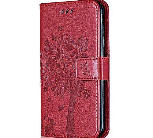 Conber Hülle für iPhone 6 / iPhone 6s, PU Leder Tasche Flip Case Lederhülle Handyhülle, Vintage Katze und Baum Schutzhülle für iPhone 6 / iPhone 6s - Rot