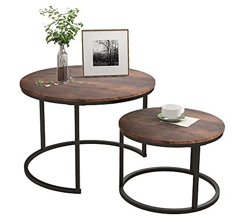 Couchtisch Rund 2 er Set,Beistelltisch Set,Sofatisch,Kaffeetisch,Metall Untergestell und Einer Tischplatte Aus Holz,Industriellen & Skandinavischen Interieur Design,Wohnzimmertisch,Modern,Schwarz
