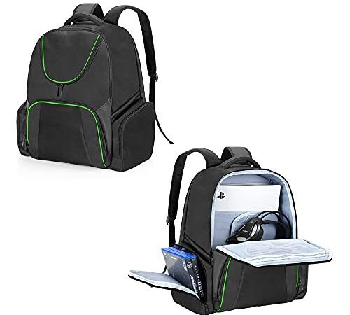 CURMIO Tragebar Rucksack für Xbox Series S, Xbox One, Xbox 360, PS5, PS4 und PS4 Pro, Tragetasche für Gaming Konsolen, Reisetasche für Controller und Zubehör (Leere Tasche), Grüne Streifen
