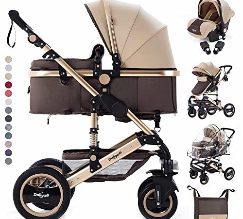 Daliya® Bambimo 3in1 Kinderwagen Kombikinderwagen Riesenset 15-Teilig incl. Babywanne, Buggy, Babyschale mit Fußsack, Alu-Rahmen, Voll-Gummireifen, Wickeltasche, Kindertisch - Braun Gold