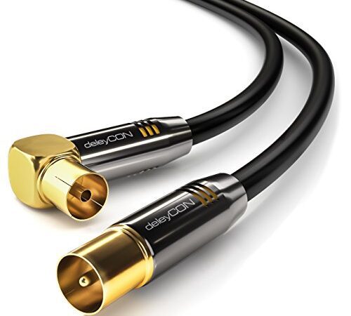 deleyCON 3,0m TV Antennenkabel HDTV Full HD - 1x gewinkelt - Koaxialkabel - TV-Stecker (gerade) zu TV-Buchse (90° Grad) - Metallstecker - Schwarz