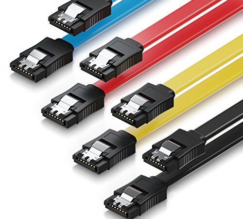 deleyCON 4x 50cm SATA III Kabel S-ATA 3 Datenkabel 6 GBit/s Verbindungskabel Anschlusskabel für HDD SSD - Metall-Clip - 2 Gerade L-Type Stecker - Gelb/Rot/Blau/Schwarz