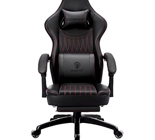 Dowinx Gaming Stuhl mit Frühling Kissen,Racing Gamer Stuhl mit Massage Lendenwirbelstütze, Ergonomischer Gaming Sessel mit Fußstütze Bürostuhl PU Leder Schwarz