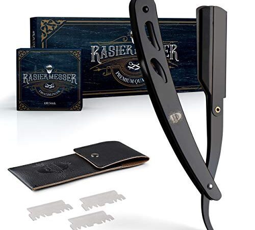 ENTORIS – Barber Rasiermesser für Herren – Mit [100] scharfen Rasierklingen – Hochwertiger Edelstahl – Bartmesser-Set mit Wechselklinge – [Schwarz] – Inklusive Etui – Für Körper & Gesicht