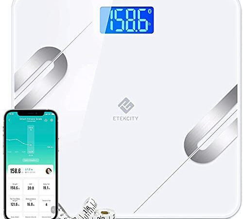 ETEKCITY Bluetooth Körperfettwaage Smart Digitale Waage mit APP für iOS & Android, Personenwaage für Körperfett, BMI, Gewicht, Protein, usw, größere Wiegefläche, gehärtetes Glas, bis 180 kg, Weiß