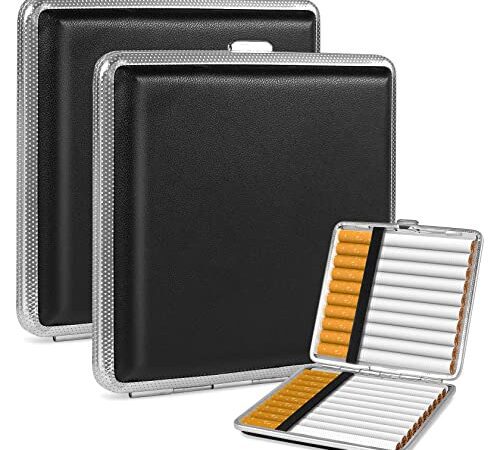 Foonii 2 Stück Zigarettenetui Leder Metall,PU Zigarettenschachtel für 20 Zigaretten,Zigarettencase mit Schnappverschluss,Edelstahl Zigarettenbox 10 * 9.5 * 1.9 cm für Hosen und Hemdtaschen(Schwarz)
