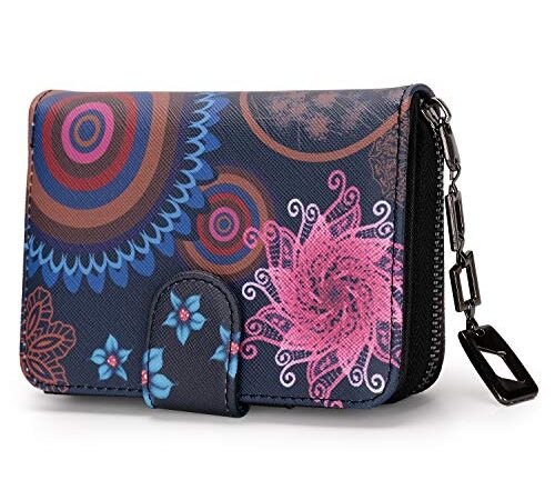 Geldbeutel Damen klein im Kurzformat, Geldbörse Damen mit Blumen und Blüten Muster im Mandala und Ethno Stil, Portemonnaie Damen mit Reißverschluss und Druckknopf und vielen Fächern (Mandala Black)