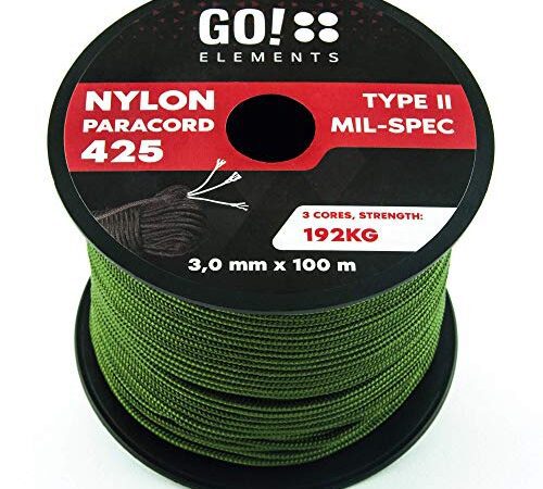 GO!elements 100m Paracord Seil aus reißfestem Nylon - 3mm Paracord 425 Typ II max. 192kg - Schnüre als Outdoor Seil, Allzweckseil, Survival Seil, Armband, Hundeleine, Nylonschnur, Farbe:Oliv