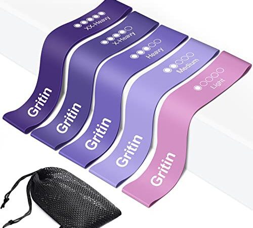 Gritin Widerstandsbänder [5er Set] Fitnessband Gymnastikband 100% Naturlatex Theraband mit Übungsanleitung auf Deutsch & Tragebeutel für Muskelaufbau, Yoga, Crossfit, Gymnastik usw.