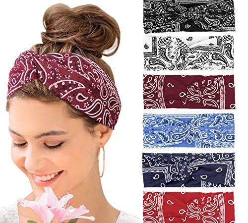 Haarbänder Damen Breite Elastische Weiche 6 Pcs Sommer Boho Stirnband Print Haarschmuck Yoga Sport Haarband Mehrfarbig Dünn Stirnbänder(A)