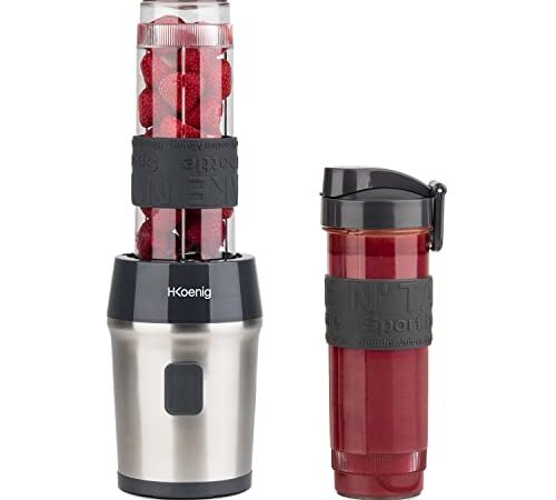 H.Koenig Smoothie Maker SMOO9 - Mini Standmixer - Mini Blender - 300 Watt - 570 ml - Edelstahl - 2 Kunststofflaschen - BPA-frei, Grau