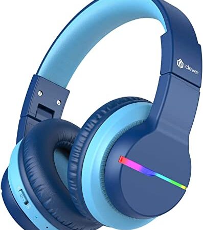 iClever Bluetooth Kinder Kopfhörer, Farbige LED-Leuchten, Kinderkopfhörer Over-Ear mit 74/85/94dB Lautstärkebegrenzung, 55 Stunden Spielzeit, Bluetooth 5.2, eingebautes Mikrofon BTH12