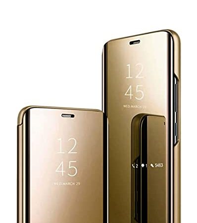 Jacyren Kompatibel Samsung Galaxy S7 Edge Hülle, Leder Flip Case Spiegel Handyhülle S7 Schutzhülle 360°Hard PC Transluzent View Miroir Stoßfest Cover Ständer Funktion Tasche Etui (S7 Edge, Gold)