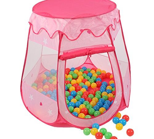 KIDUKU® Kinderspielzelt + 100 Bälle + Tasche Spielhaus Bällebad Schloss für drinnen und draußen (Pink)