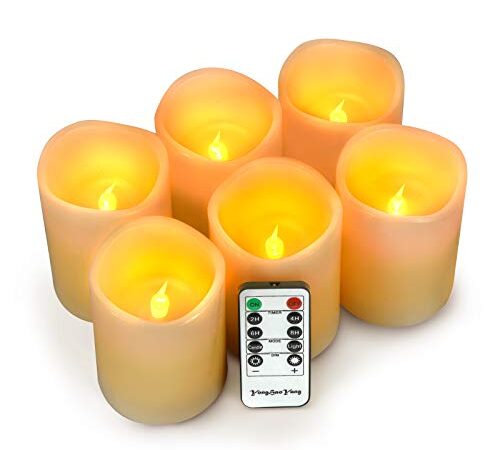 LED Kerzen,Flammenlose Kerzen 200 Stunden Dekorations-Kerzen-Säulen im 6er Set (10.2x7.6cm). Realistisch flackernde LED-Flammen 10-Tasten Fernbedienung mit 24 Stunden Timer-Funktion (Ivory)
